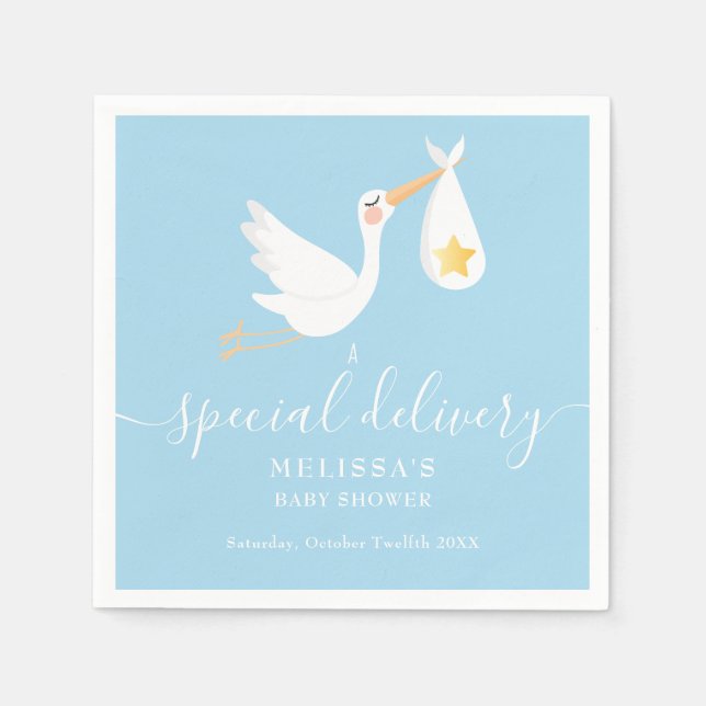 Special Delivery Stork Gold Star Blue Baby Shower Napkins (Front)