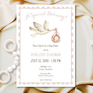 Special Delivery Stork Pink Baby Girl Baby Shower Invitation