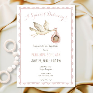 Special Delivery Stork Pink Baby Girl Baby Shower Invitation