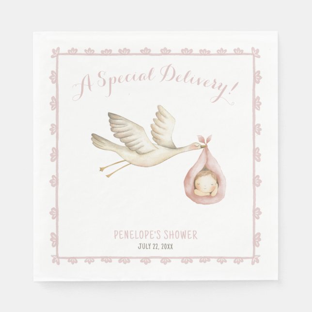 Special Delivery Stork Pink Baby Girl Baby Shower Napkins (Front)