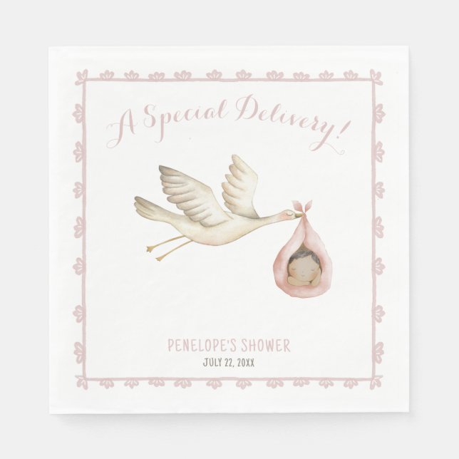 Special Delivery Stork Pink Baby Girl Baby Shower Napkins (Front)