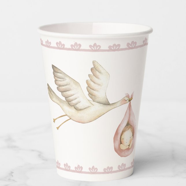 Special Delivery Stork Pink Baby Girl Baby Shower Paper Cups (Left)