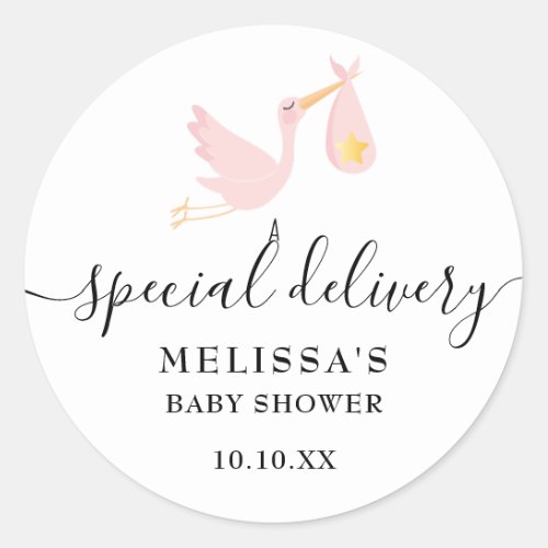 Special Delivery Stork Pink Baby Girl Shower Classic Round Sticker