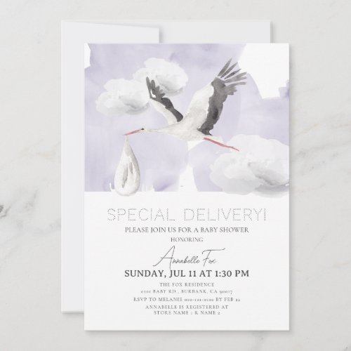 Special Delivery Stork Purple Baby Shower Invitation