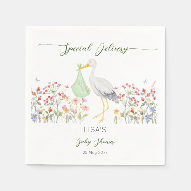 Special delivery stork spring baby shower printed napkins (Front)