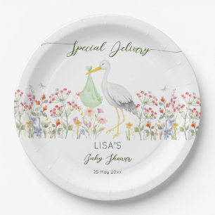 Special delivery stork spring baby shower printed paper plates