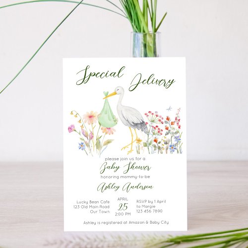 Special delivery stork spring flowers baby shower invitation