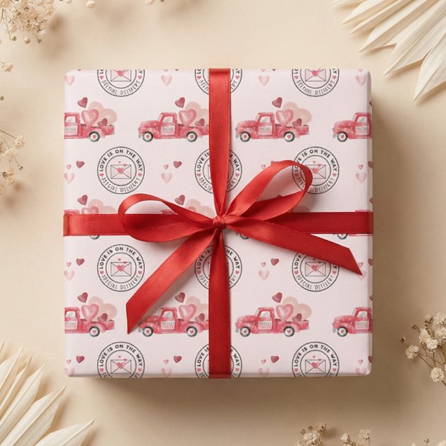 Special Delivery Valentine Hearts Watercolor Truck Wrapping Paper (Special Delivery Valentine Hearts Watercolor Truck Wrapping Paper)