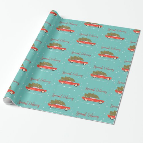 Special Delivery Vintage Car Tree Red Script Teal Wrapping Paper