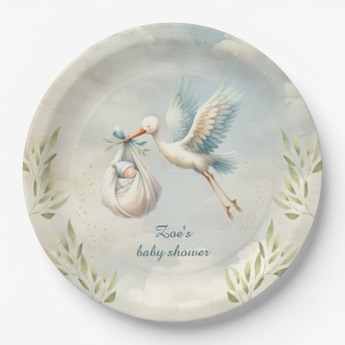 Special Delivery Vintage Stork Boy Baby Shower Paper Plates