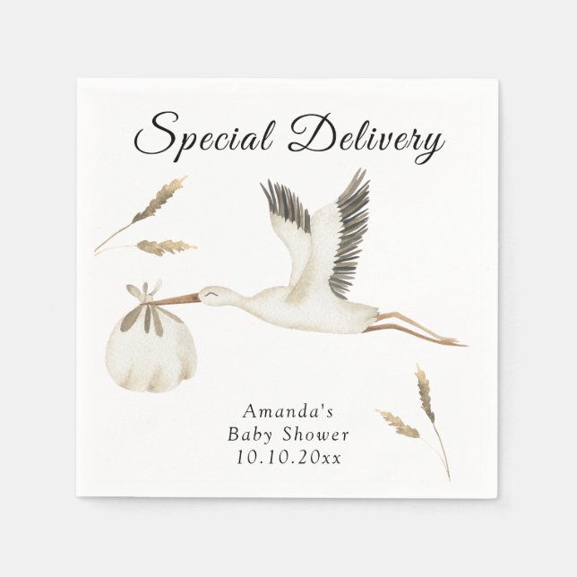 Special Delivery Watercolor Stork Baby Shower Napkins (Front)