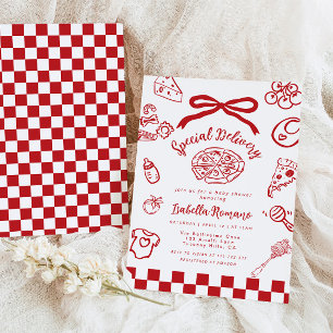 Special Delivery Whimsical Bow Pizza Baby Shower Invitation