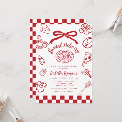 Special Delivery Whimsical Bow Pizza Baby Shower Invitation