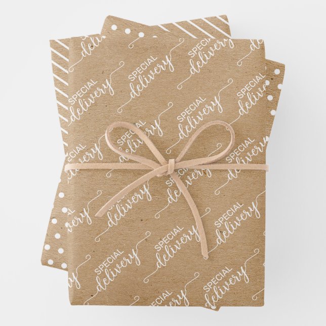 Special Delivery Word Art on Faux Kraft Wrapping Paper Sheets (In situ)