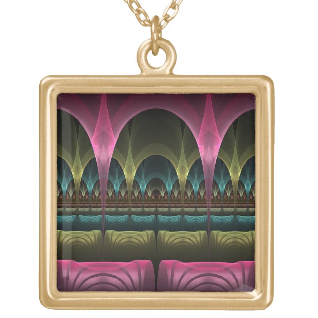 Special Fantasy Pattern Abstract Colorful Fractal Gold Plated Necklace (Front)