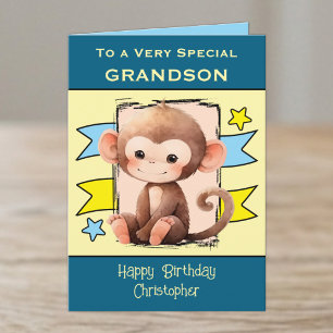 Special Grandson monkey kids blue birthday Card