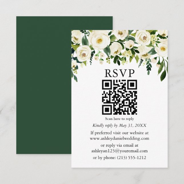 Special -  Green White Floral QR Wedding RSVP (Front/Back)