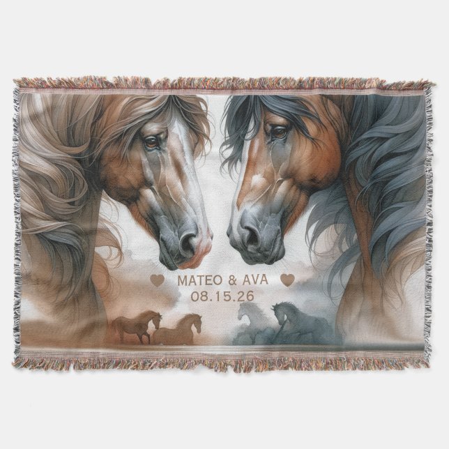 Special Horses Brown Wedding Couple Throw Blanket (Front)