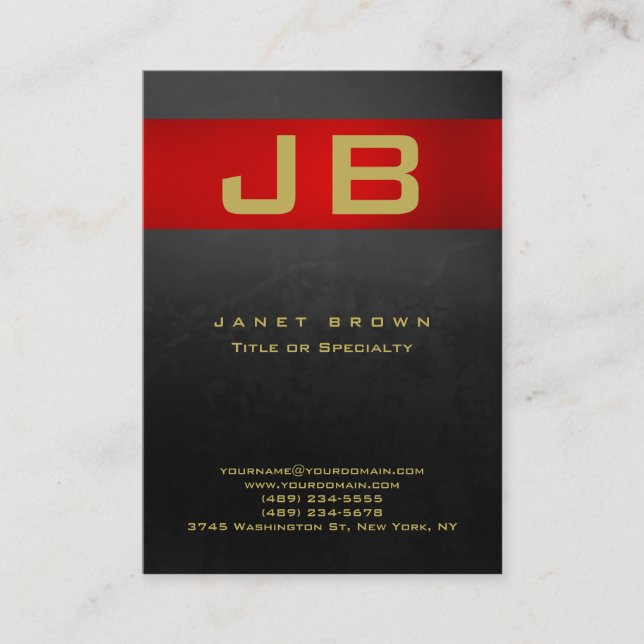 Special Modern Black Grey Gold Red Stripe Monogram Business Card (Front)