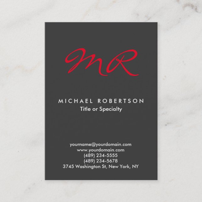 Special Monogram Grey Red Clean Business Card (Front)