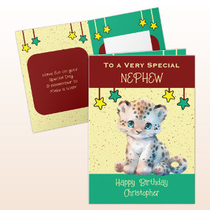 Special Nephew leopard kids burgundy birthday Card