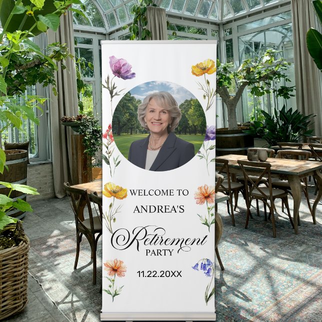 Special Photo Elegant Floral Retirement Party  Retractable Banner (Creator Uploaded)