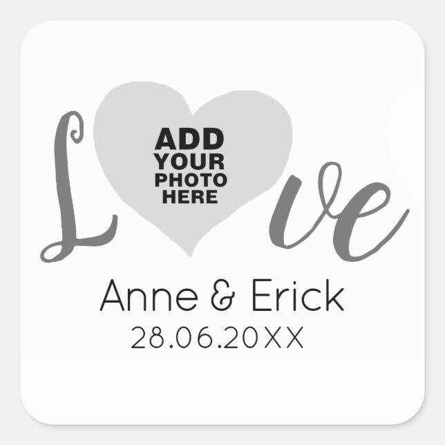 special photo on love heart frame with names  square sticker (Front)