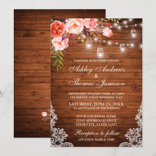 Special - Rustic Wood Coral Floral Wedding Invitation (Front/Back)