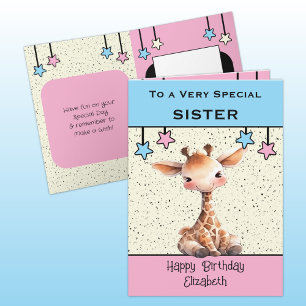 Special Sister giraffe kids blue birthday Card