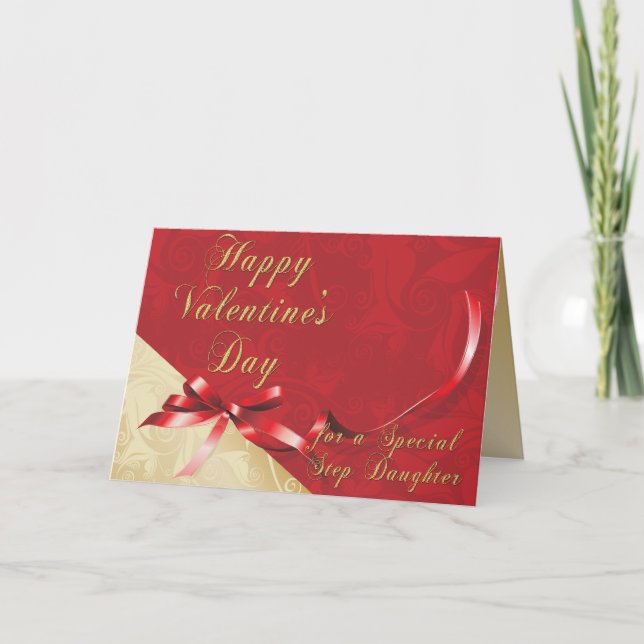 Special Step Daughter Gold and Red Filigree Heart  Holiday Card (Front)