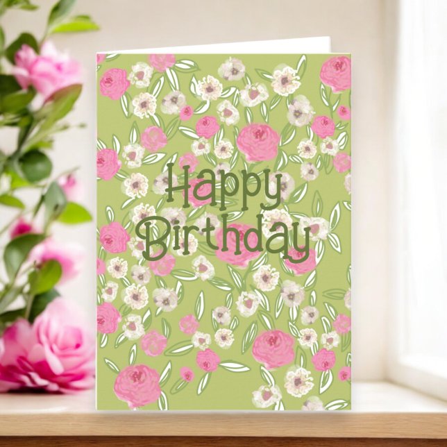 Special Year Custom Happy Birthday Pink Green  Card (Happy Birthday. Add your custom message and age inside for someone's special birthday.)
