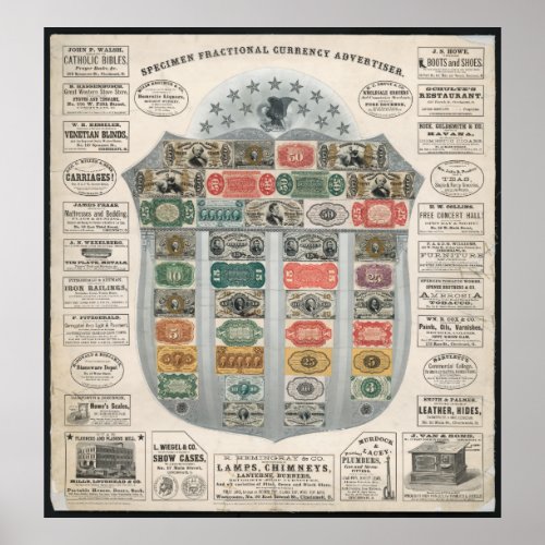 SPECIMEN FRACTIONAL CURRENCY ADVERTISER c 1867 Poster