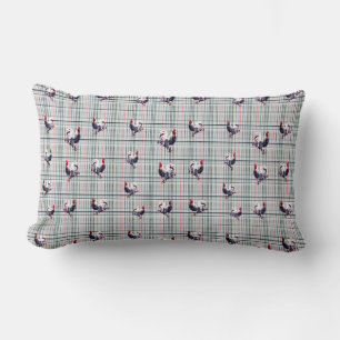 Speckled Fluffy Rooster On White Checks Tartan, Lumbar Pillow