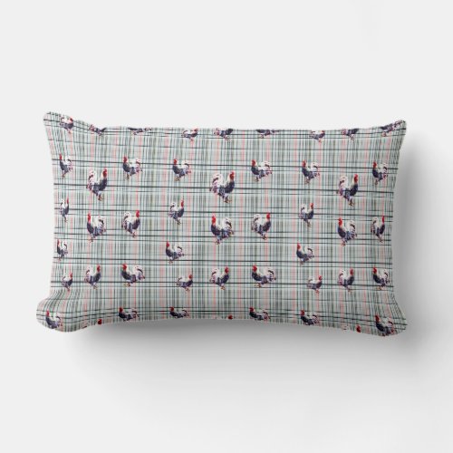 Speckled Fluffy Rooster On White Checks Tartan Lumbar Pillow