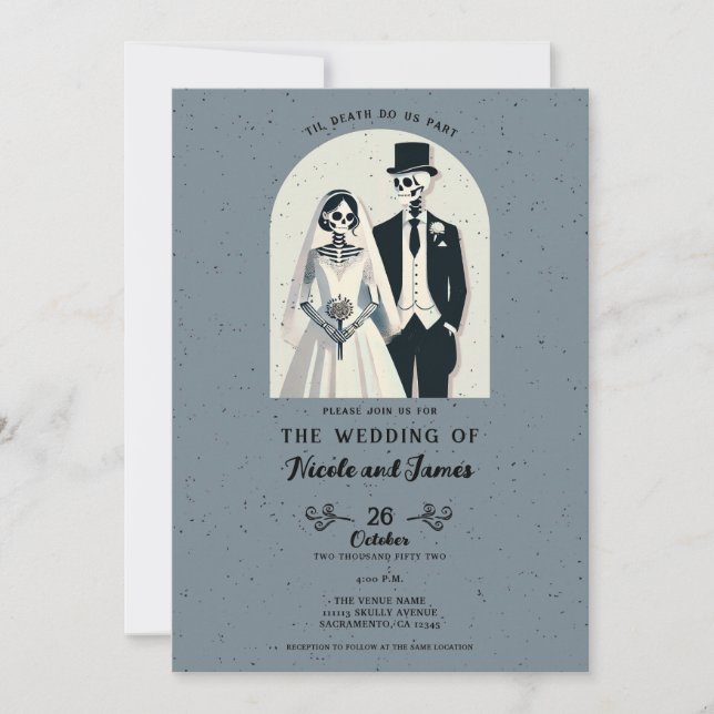 Speckled Gray Skeleton Halloween Gothic Wedding Invitation (Front)