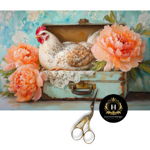 Speckled Hen in Vintage Green Suitcase Decoupage Tissue Paper