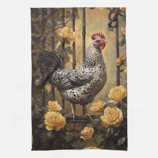 Speckled Hen with Yellow Roses Oil Painting Kitchen Towel (Vertical)