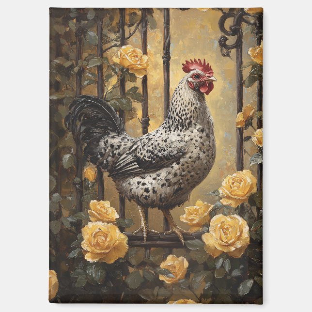 Speckled Hen with Yellow Roses Oil Painting Magnet (Front)
