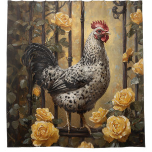 Speckled Hen with Yellow Roses Oil Painting Shower Curtain