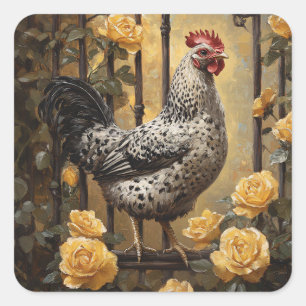 Speckled Hen with Yellow Roses Oil Painting Square Sticker