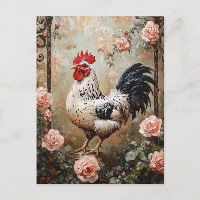 Speckled Rooster Among Pink Roses Postcard (Front)