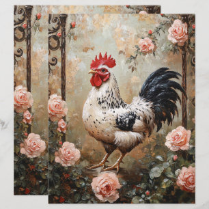 Speckled Rooster Among Pink Roses Scrapbook Paper