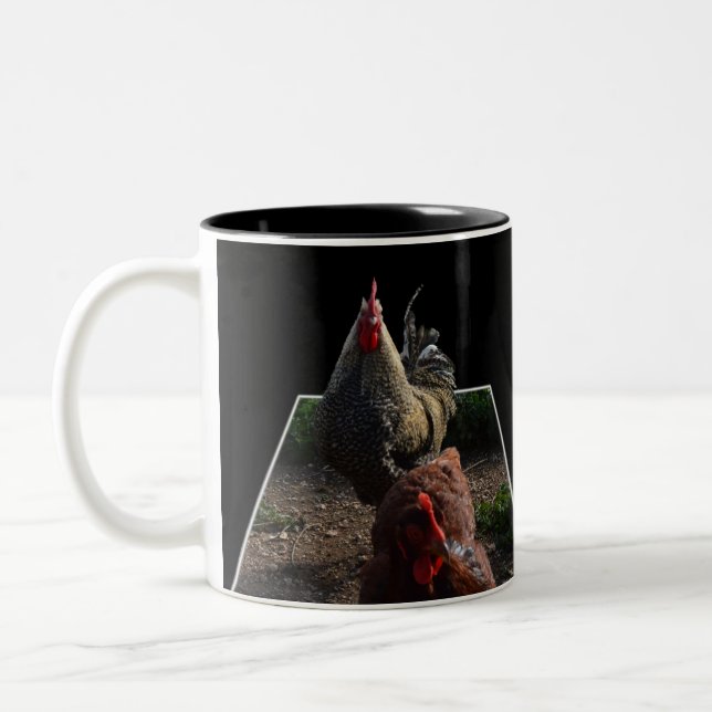 Speckled Spotted Rooster Popout Art, Two-Tone Coffee Mug (Left)