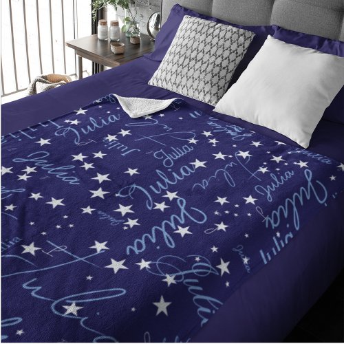 Speckled Stars on Dark Blue Sky with Name Fleece Blanket