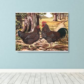 Speckled Sussex Rooster and Hen in Wooded Setting Canvas Print | Zazzle