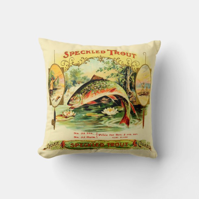 Speckled Trout Vintage Cigar Box Label Throw Pillow (Front)