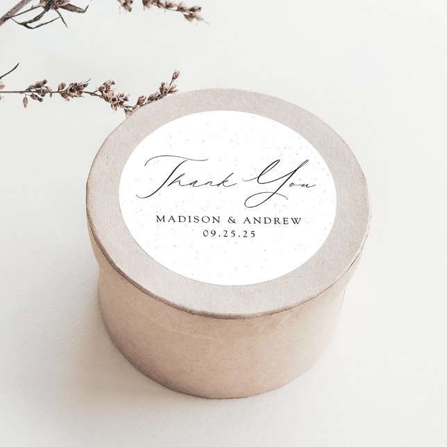 Speckled White and Black Script Wedding Thank You Classic Round Sticker (Creator Uploaded)