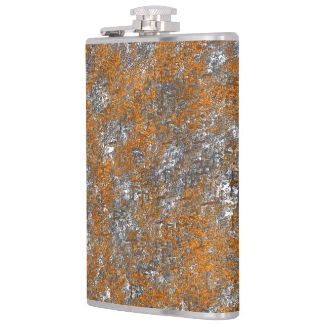 Speckled yellowish orange on whitish grey scratch flask (Left)