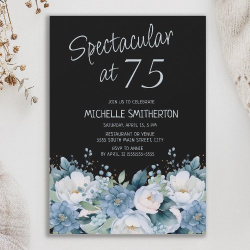 Spectacular 75 Dusty Blue White Floral Black  Invitation