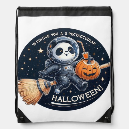 Spectacular Halloween with a Bamboo_Broom Panda  Drawstring Bag